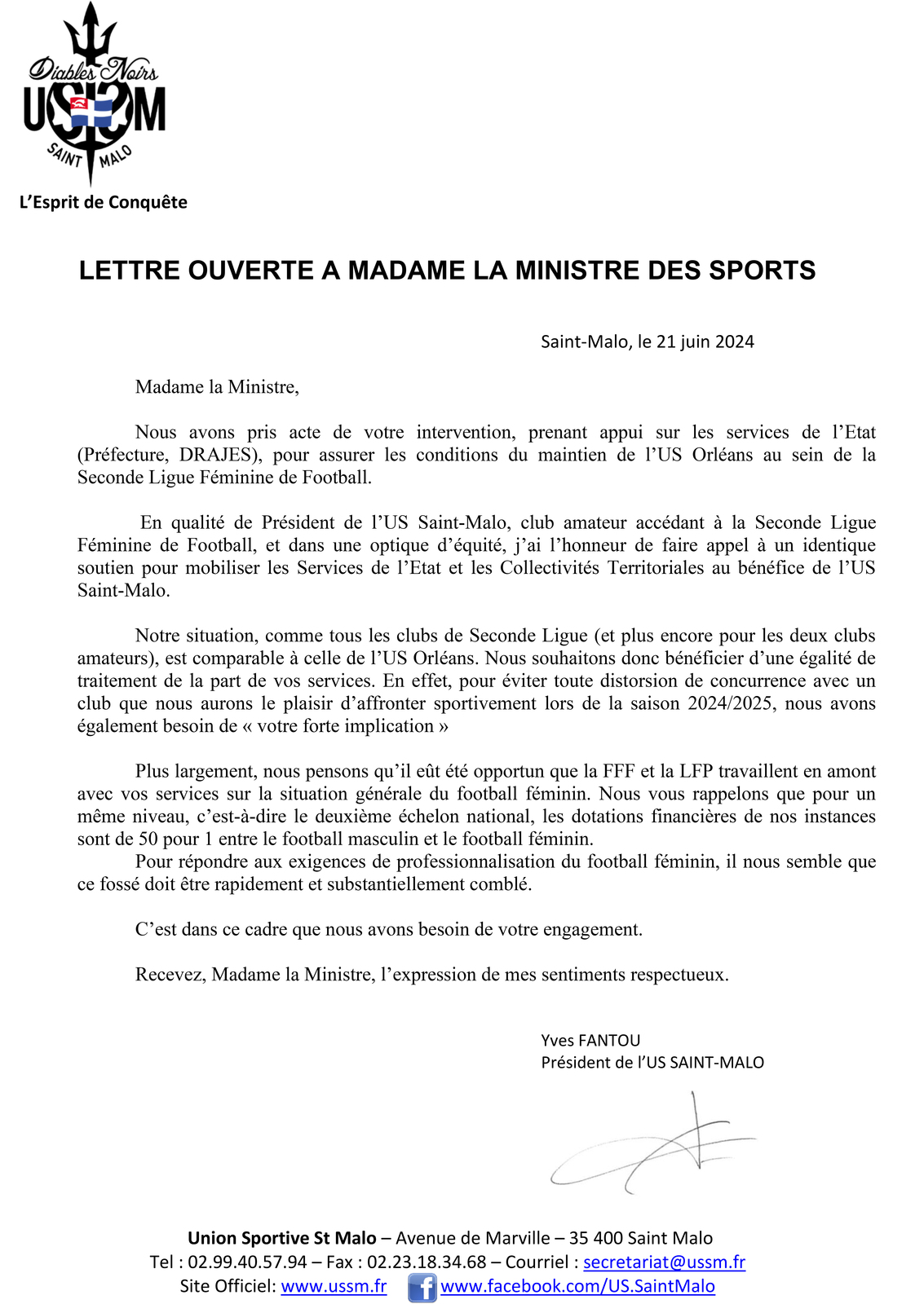 Lettre ouverte A Madame la Ministre des Sports - US Saint-Malo 2024 06 21