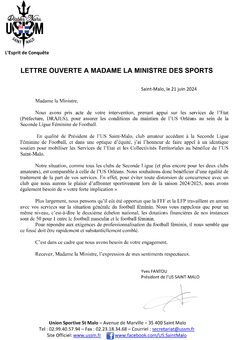 Lettre ouverte A Madame la Ministre des Sports - US Saint-Malo 2024 06 21